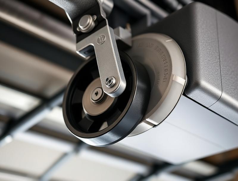 Belt drive garage door opener mechanism close-up