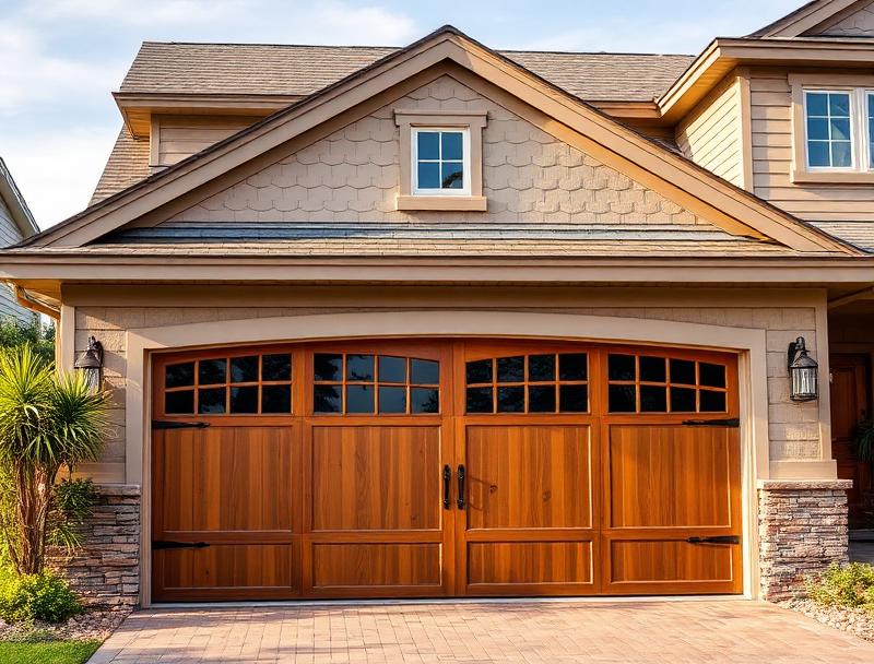 Beautiful carriage-style wood look garage door on craftsman home