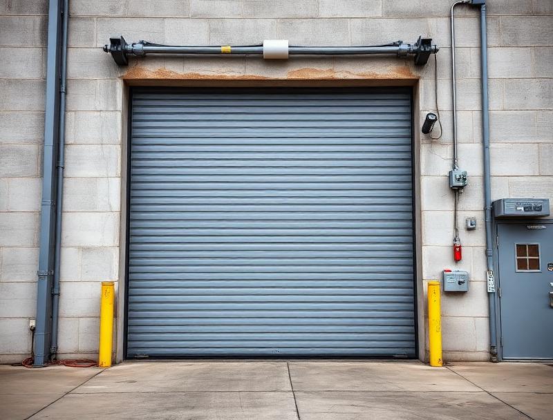 Commercial roll-up garage door installation on warehouse